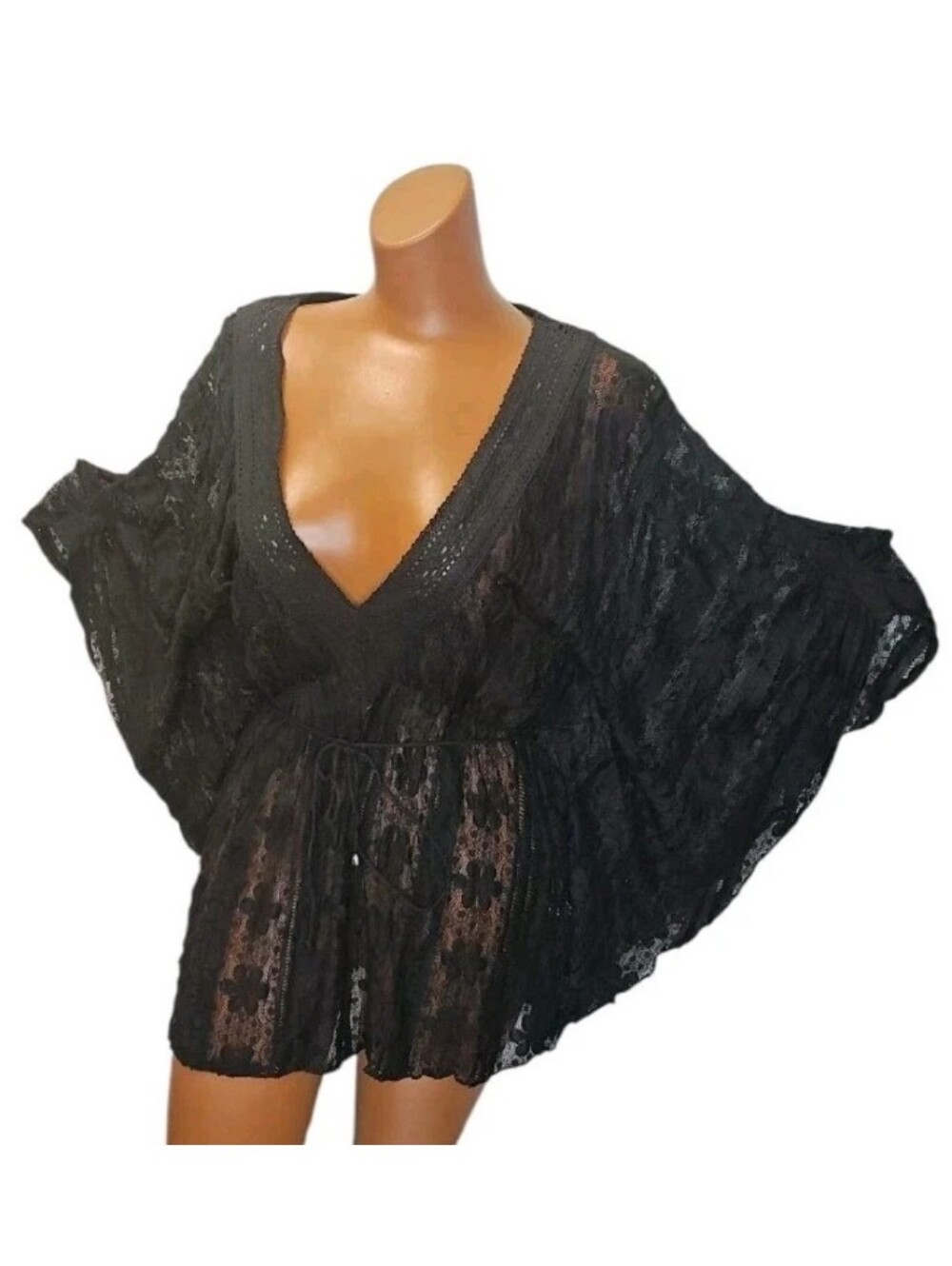 Solitaire Kavi Khosla Embroidered Lace Cover-up Top Woman Large Black Sheer Mesh